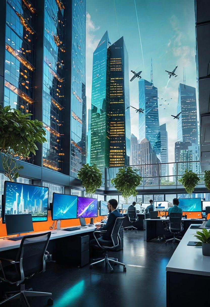 A digital workspace filled with diverse professionals collaborating on innovative technology. Include elements like computers, coding symbols, and upward arrows representing growth. A bright, motivational color palette with a futuristic cityscape in the background. super-realistic. vibrant colors. 3D.